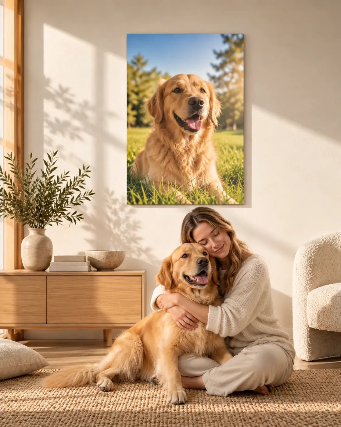 Woman hugging her golden retriever in a sunlit living room below a metal photo print of the same dog