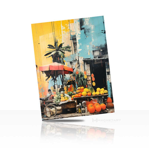Sunlit Market – Vibrant Street Scene Metal Wall Art