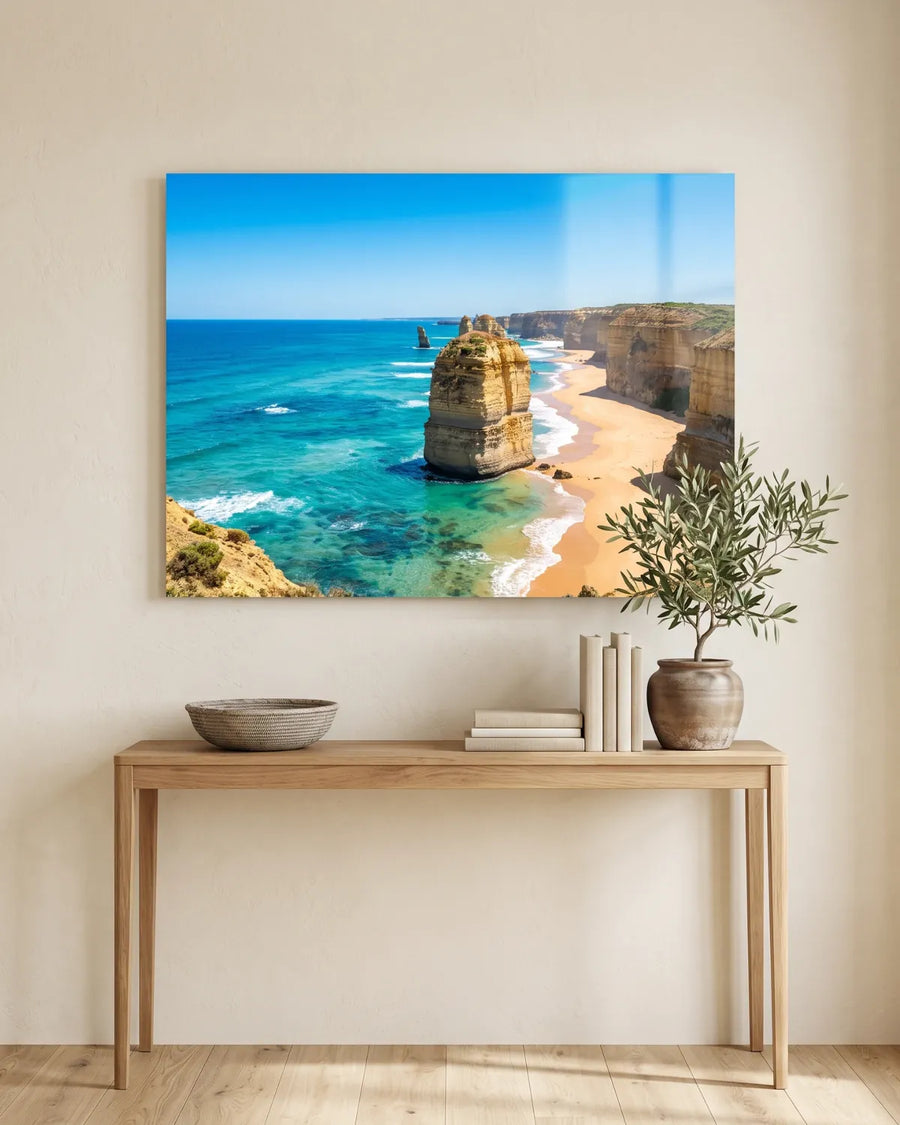 Twelve Apostles turquoise coastline photo as a large aluminium print above an oak console table