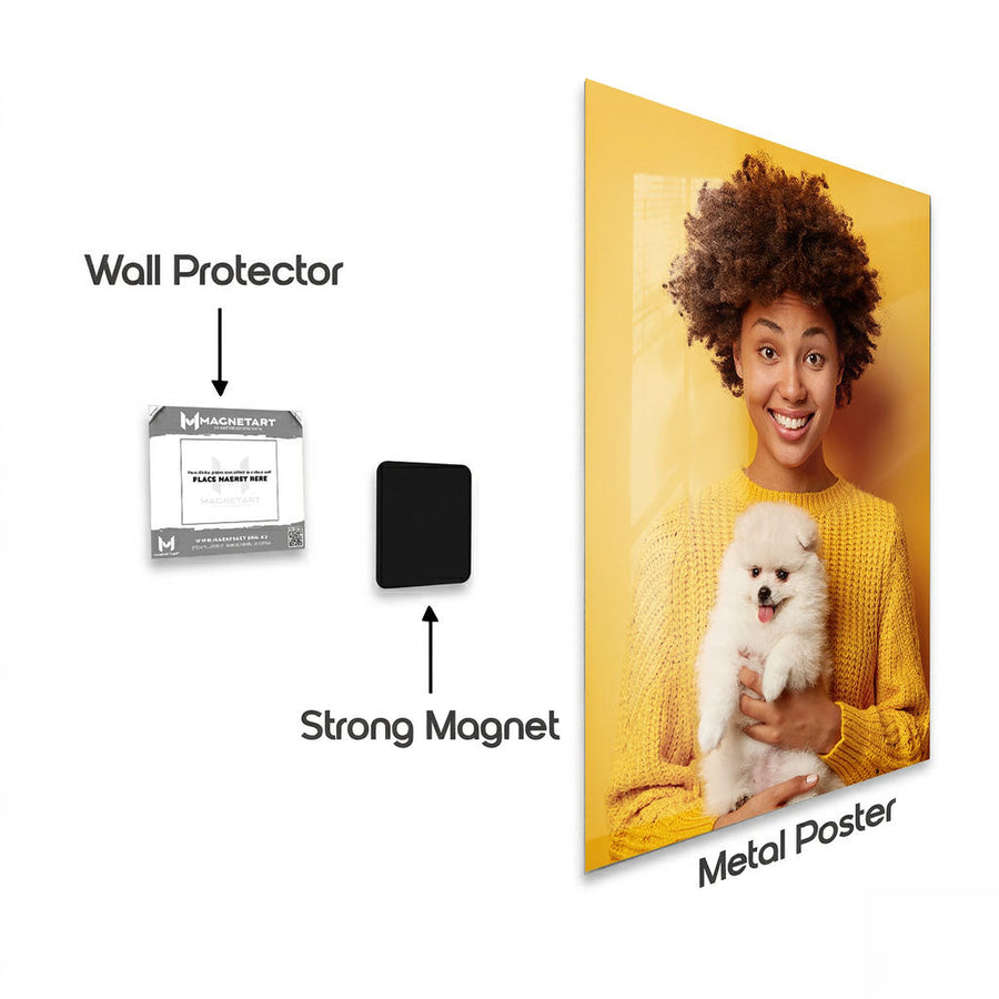 Metal photo print with magnetic mounting system including wall protector and strong magnet for easy installation