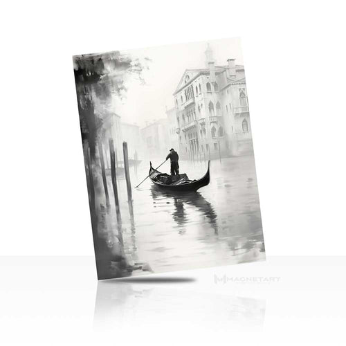 Silent Canal Escape – Misty Gondola Black & White Wall Art | MagnetArt