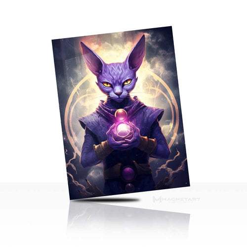 Mystic Purple Cat Mage Metal Wall Art – Fantasy Magic Character Aluminium Poster | MagnetArt