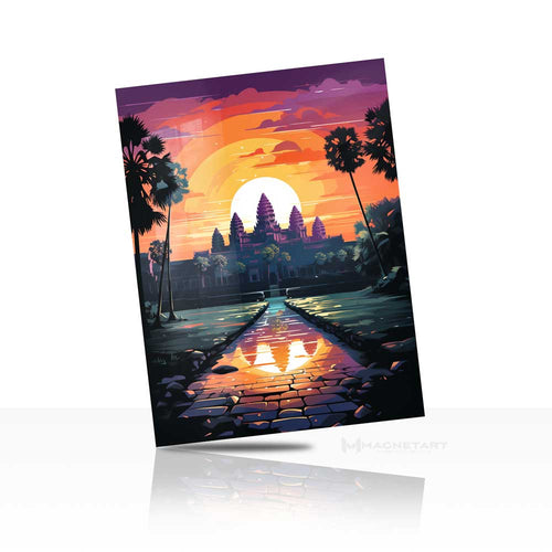 Neon City Campfire Metal Wall Art – Futuristic Skyline Sunset Aluminium Print | MagnetArt
