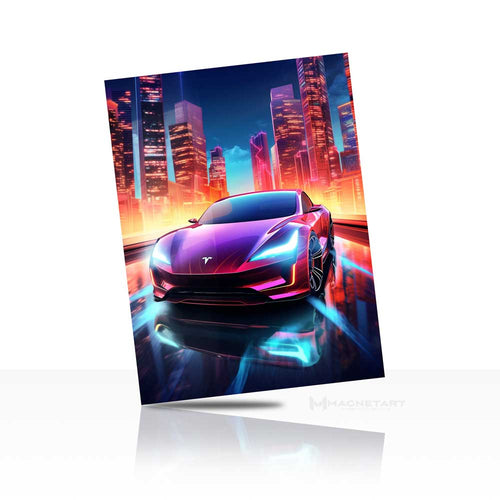 Neon Supercar Night Wall Art – Cyber City Aluminium Print | MagnetArt