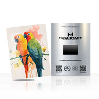 Tropical Lovebirds Harmony Metal Wall Art – Colorful Watercolor Parrot Magnetic Aluminium Print | MagnetArt
