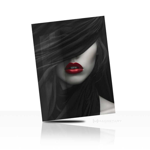 Red Lips Noir Wall Art – Black & White Abstract Portrait with Color Accent | MagnetArt