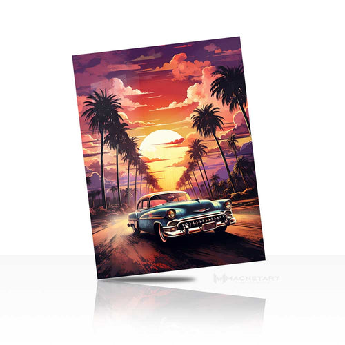 Retro Sunset Car Wall Art – Neon Palm Drive Aluminium Print | MagnetArt