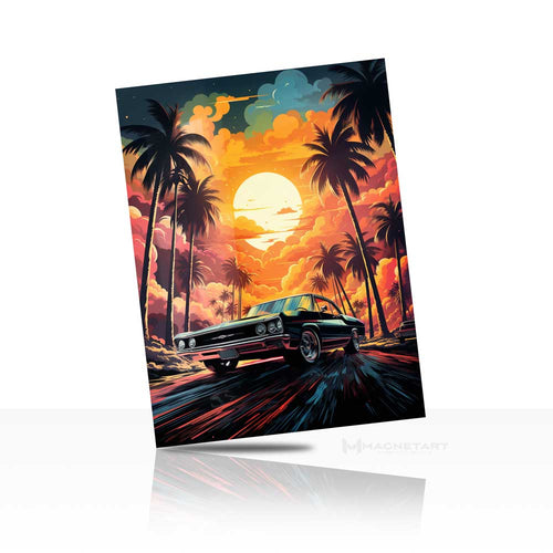 Retro Sunset Drive Wall Art – Palm Neon Aluminium Print | MagnetArt