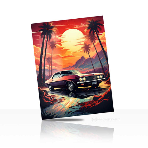 Retro Sunset Reflection Car Wall Art – Neon Palm Aluminium Print | MagnetArt