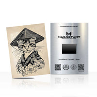 Samurai Cat Metal Wall Art – Japanese Ink Style Feline Magnetic Aluminium Print | MagnetArt