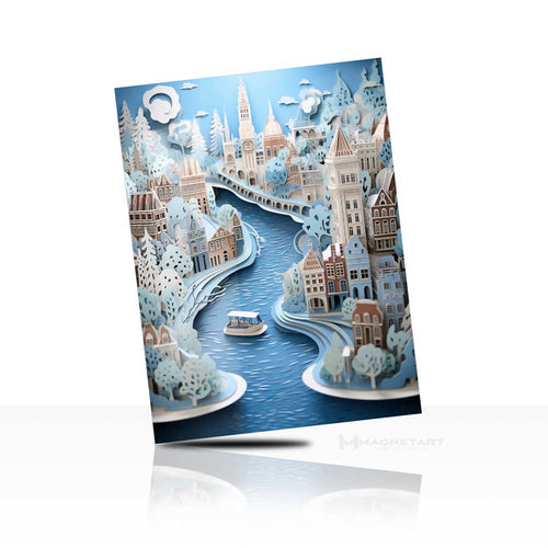 Dreamlike Coastal City Metal Wall Art – Surreal Blue Ocean Architecture Aluminium Print | MagnetArt