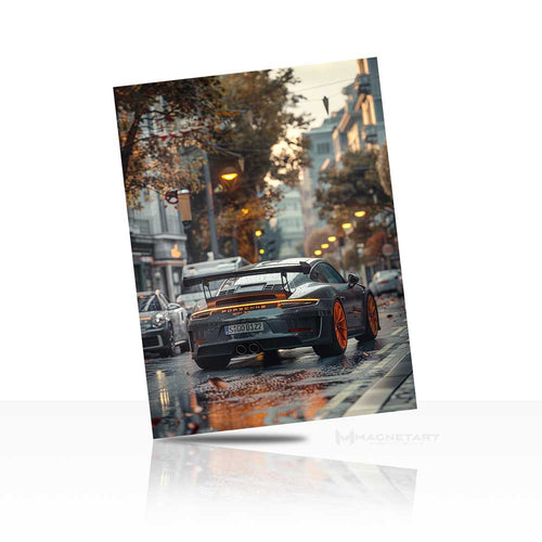 Urban Autumn Car Wall Art – Rainy City Aluminium Print | MagnetArt