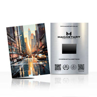 Golden Hour City Reflection Metal Wall Art – Rainy Urban Street Aluminium Poster | MagnetArt